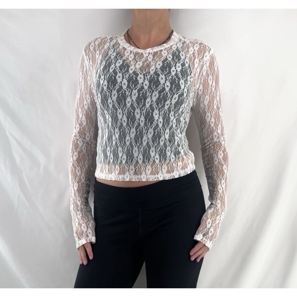 Sheer White Lace Layering Top S Fairy Boho Festival Mesh Long Sleeve Coquette